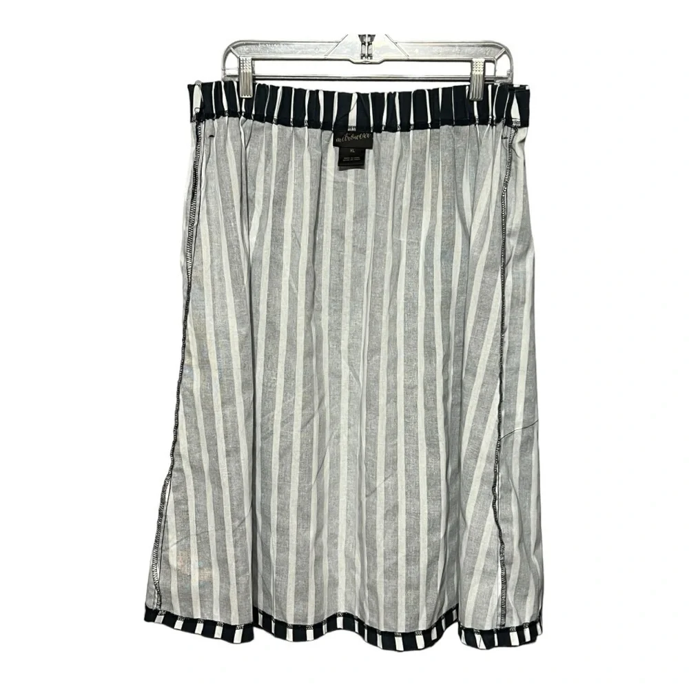 MetroWear Navy White Striped Linen Rayon Button Front Belted Midi Skirt XL